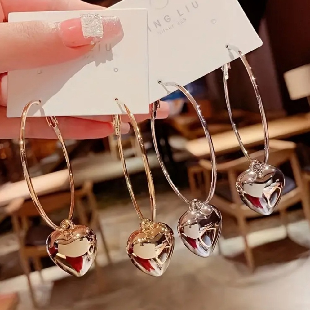 BOUTIQUE Gold Silver Heart Drop Hoop Earrings - Picture 6 of 6